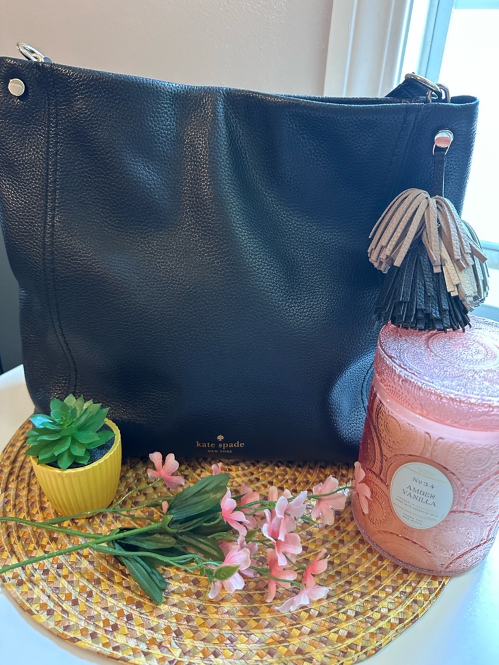 kate spade Black Leather Tote with Multicolor Tassel